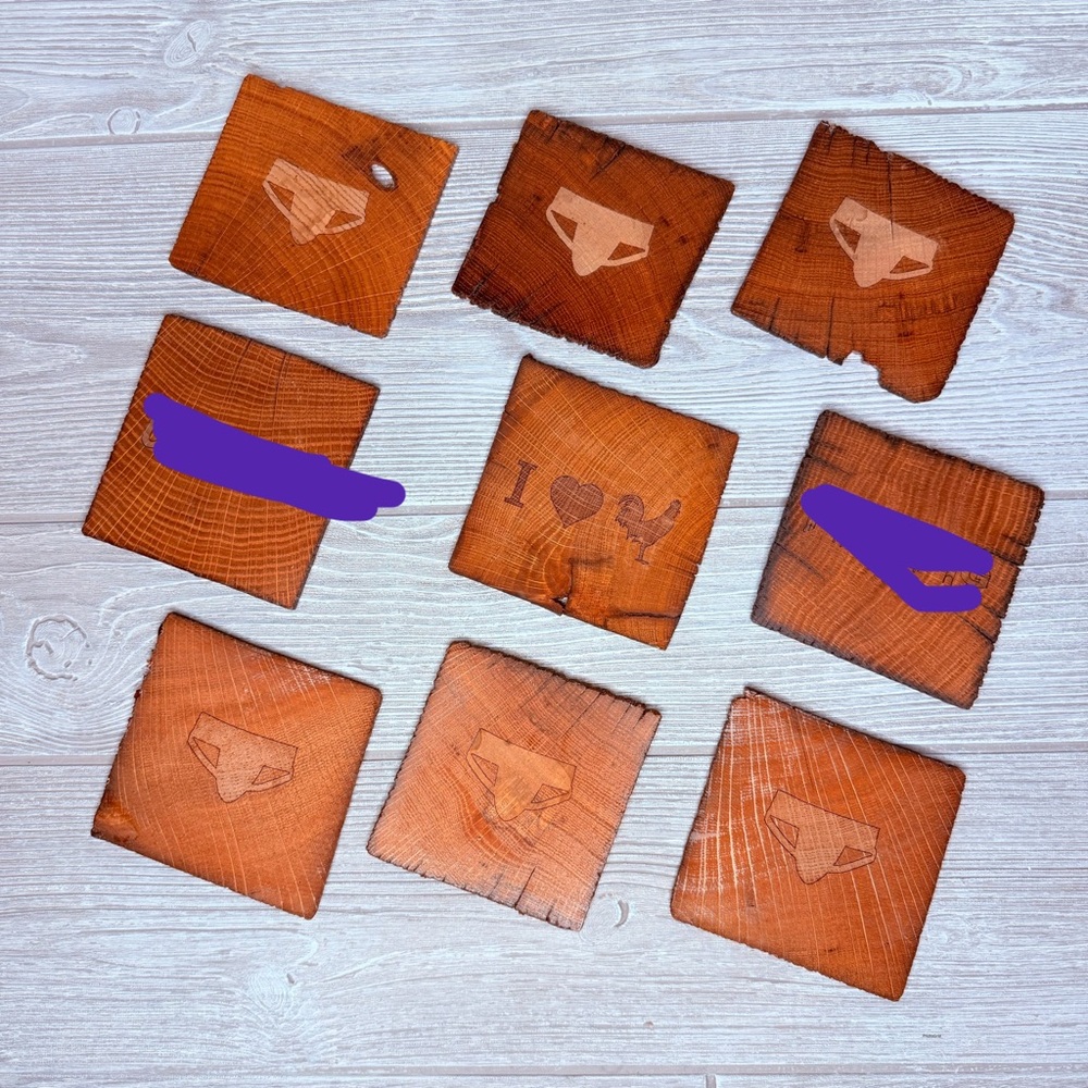 Griffith hollow live edge coasters 9 total 6 jockstrap 1 chicken 2 inappropriate